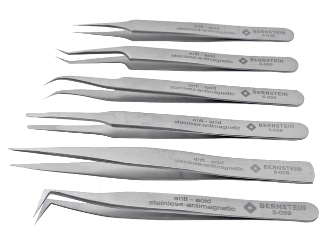 Set: pincetten; voor precisiewerk; 6st. Set: pincetten; voor precisiewerk; 6st.